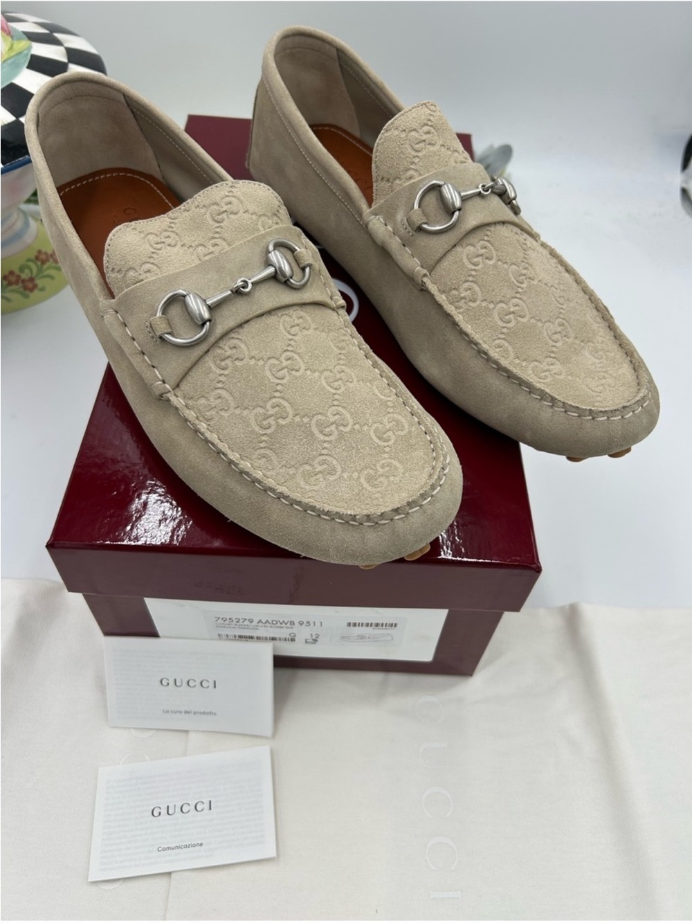 Men’s Gucci GG embossed suede driver loafers size 12 fits 13 US made in Italy